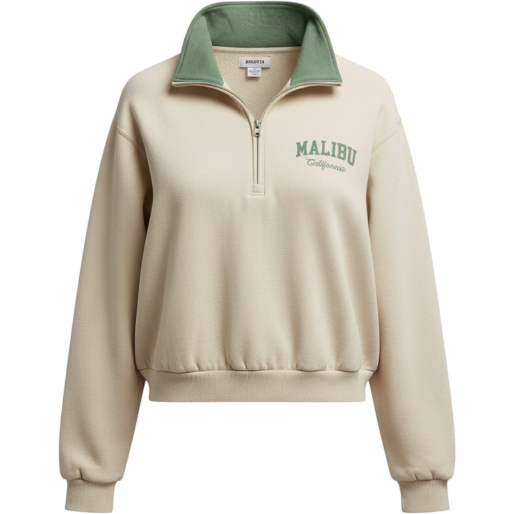 Hollister Womens Malibu California Quarter Zip Sweatshirt Cream Green Medium